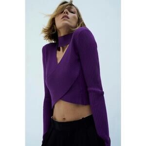 Zara Choker Cropped Rib Knit Cut Out Wrap Sweater Purple Small Top Long Sleeve